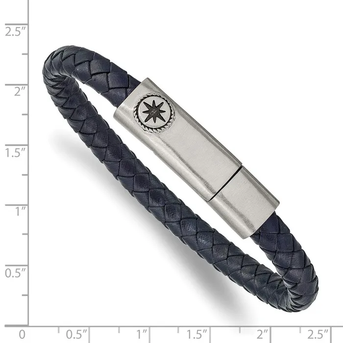 TreasureFineJewelers Bracelets Chisel Stainless Steel Antiqued and Brushed Compass Navy Blue Braided Leather 8 inch Bracelet