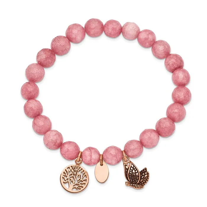 TreasureFineJewelers Bracelets Chisel Stainless Steel Antiqued and Polish Rose IPplated Butterfly and Tree of Life 8mm Pink Dyed Jade Beaded Stretch Bracelet