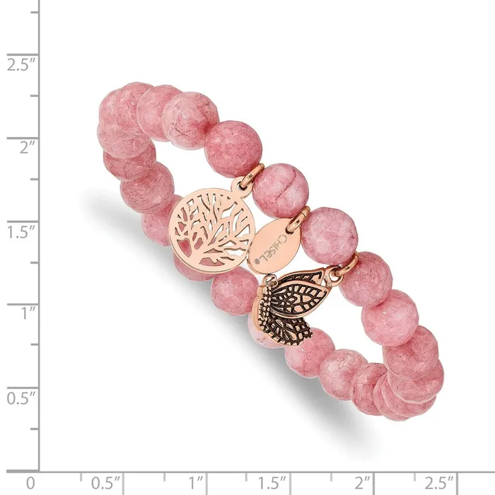 TreasureFineJewelers Bracelets Chisel Stainless Steel Antiqued and Polish Rose IPplated Butterfly and Tree of Life 8mm Pink Dyed Jade Beaded Stretch Bracelet