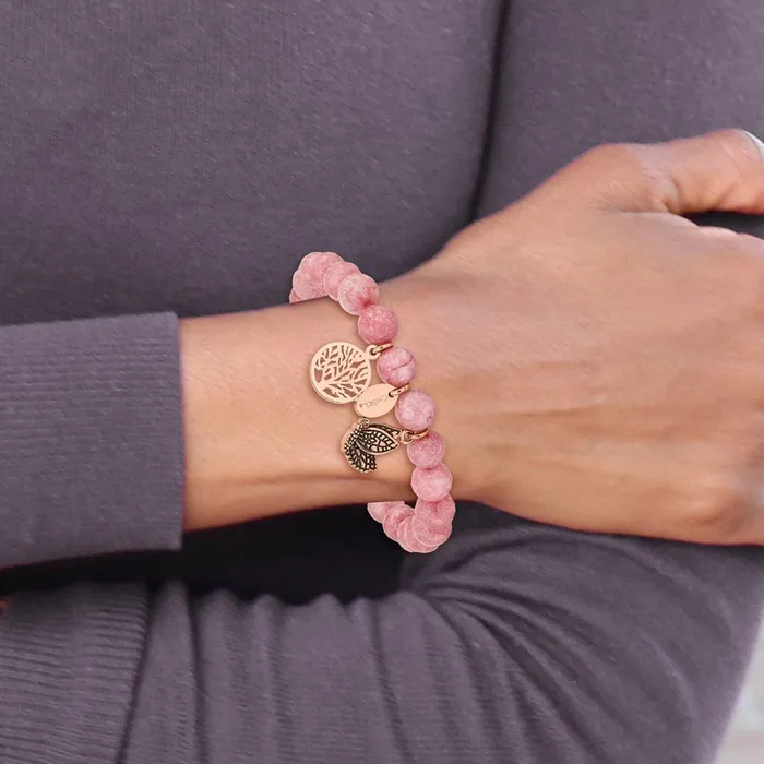 TreasureFineJewelers Bracelets Chisel Stainless Steel Antiqued and Polish Rose IPplated Butterfly and Tree of Life 8mm Pink Dyed Jade Beaded Stretch Bracelet
