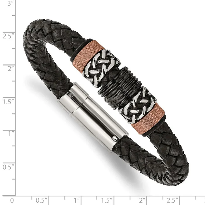 TreasureFineJewelers Bracelets Chisel Stainless Steel Polished and Textured Black and Brown IPplated Black Braided Leather and Rubber 85 inch Bracelet