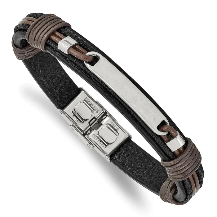 TreasureFineJewelers Bracelets Chisel Stainless Steel Polished Black and Brown Leather 825 inch ID Bracelet