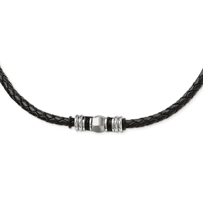 TreasureFineJewelers Chisel Stainless Steel Brushed and Polished Black Leather and Rubber 19 inch Necklace Necklaces TreasureFineJewelers Chisel Stainless Steel Brushed and Polished Black Leather and Rubber 19 inch Necklace Necklaces