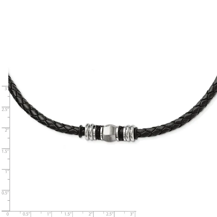 TreasureFineJewelers Chisel Stainless Steel Brushed and Polished Black Leather and Rubber 19 inch Necklace Necklaces