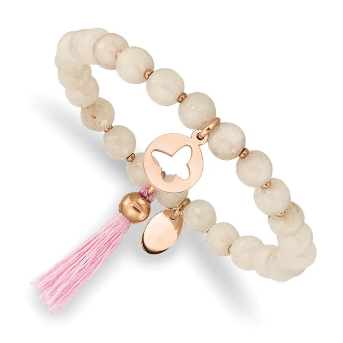 TreasureFineJewelers Chisel Stainless Steel Polished Rose IPplated Butterfly 6mm Pink Agate Beaded Stretch Bracelet with Tassel Bracelets