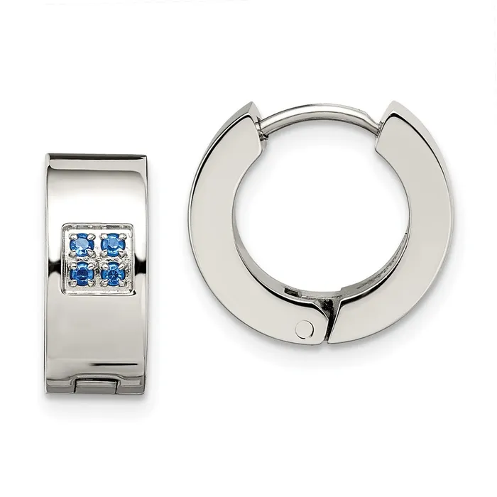 TreasureFineJewelers Earrings Stainless Steel Brushed Polished wBlue CZ 6mm Hinged Hoop Earrings