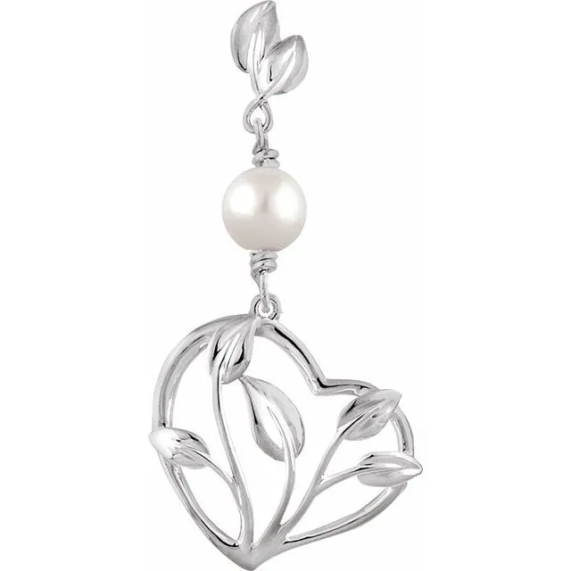 TreasureFineJewelers Necklaces 14K White Gold Freshwater Cultured Pearl Leaf Heart Pendant TreasureFineJewelers Necklaces 14K White Gold Freshwater Cultured Pearl Leaf Heart Pendant