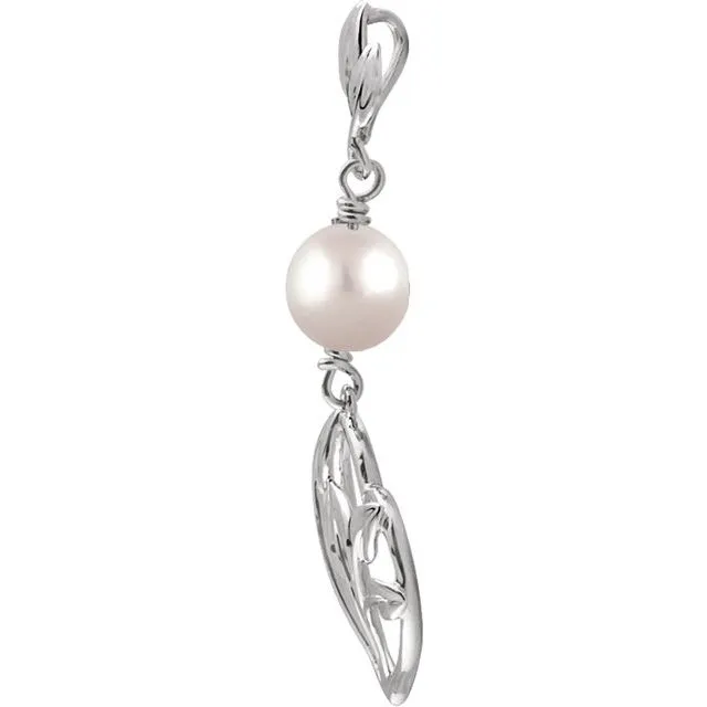 TreasureFineJewelers Necklaces 14K White Gold Freshwater Cultured Pearl Leaf Heart Pendant