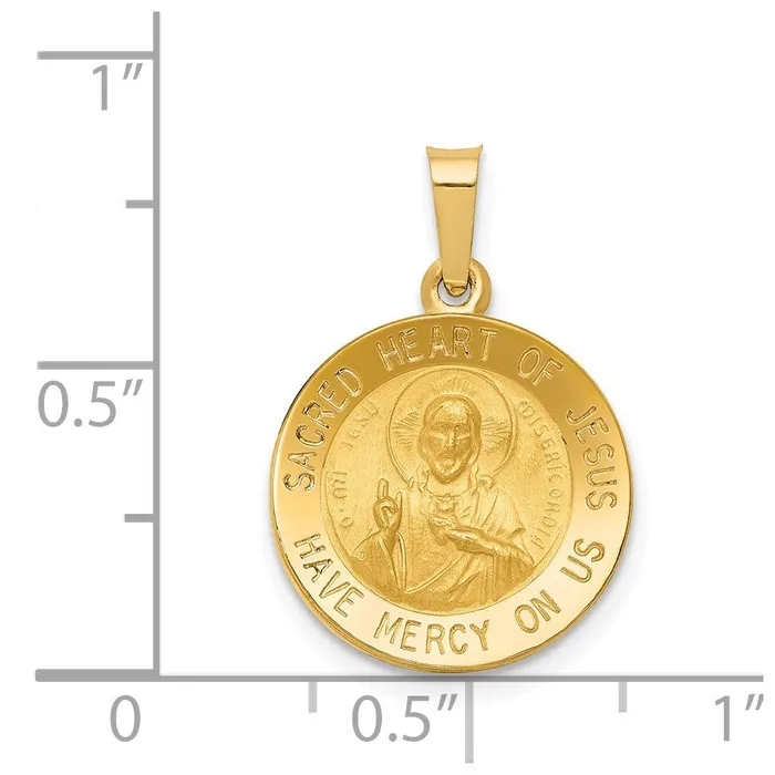 TreasureFineJewelers Necklaces 14k Yellow Gold Polished and Satin Sacred Heart of Jesus Medal Hollow Pendant