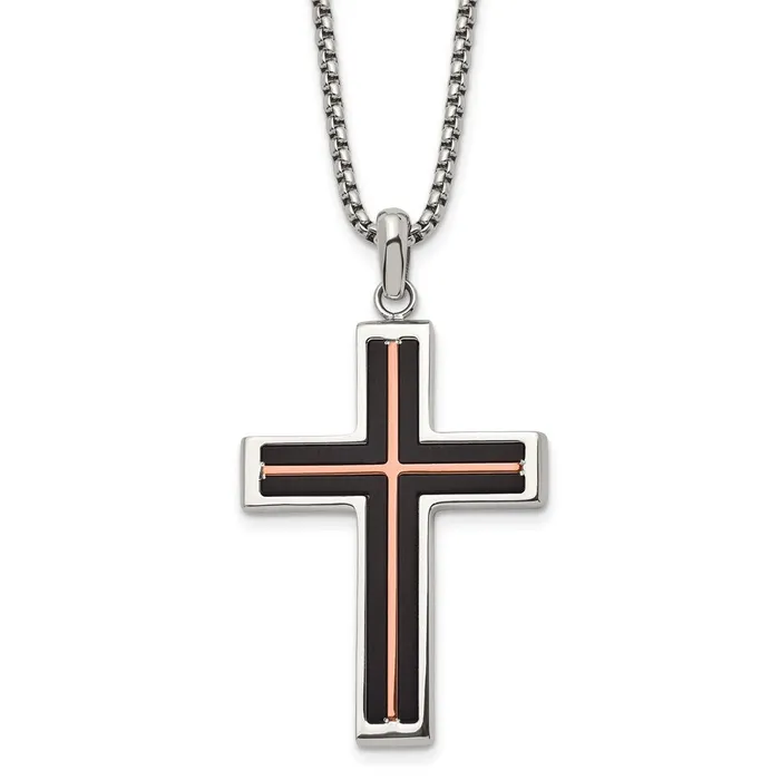TreasureFineJewelers Necklaces Chisel Stainless Steel Brushed and Polished Black and Rose IPplated Cross Pendant on a 24 inch Box Chain Necklace TreasureFineJewelers Necklaces Chisel Stainless Steel Brushed and Polished Black and Rose IPplated Cross Pendant on a 24 inch Box Chain Necklace