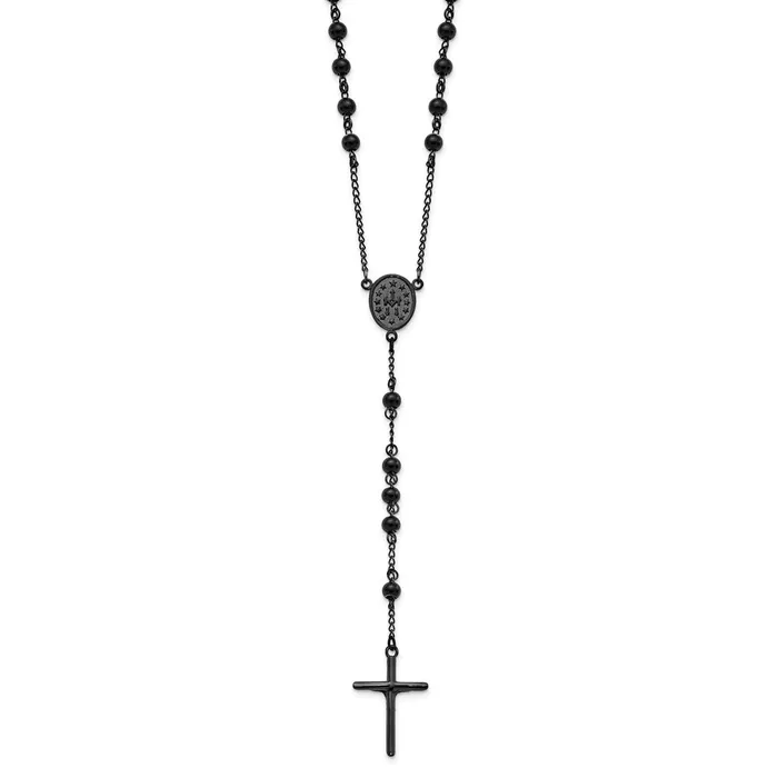 TreasureFineJewelers Necklaces Chisel Stainless Steel Polished Black IPplated Beaded 30 inch Rosary Necklace