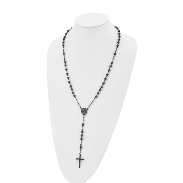 TreasureFineJewelers Necklaces Chisel Stainless Steel Polished Black IPplated Beaded 30 inch Rosary Necklace