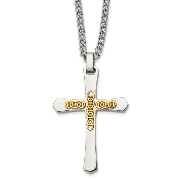 TreasureFineJewelers Necklaces Chisel Stainless Steel Polished with 14k Gold Accent Cross Pendant on a 24 inch Curb Chain Necklace TreasureFineJewelers Necklaces Chisel Stainless Steel Polished with 14k Gold Accent Cross Pendant on a 24 inch Curb Chain Necklace