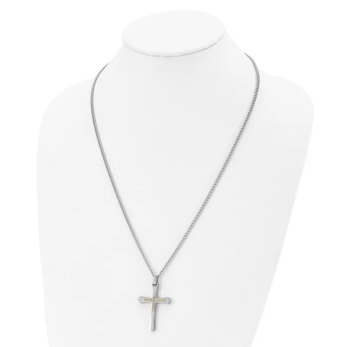 TreasureFineJewelers Necklaces Chisel Stainless Steel Polished with 14k Gold Accent Cross Pendant on a 24 inch Curb Chain Necklace