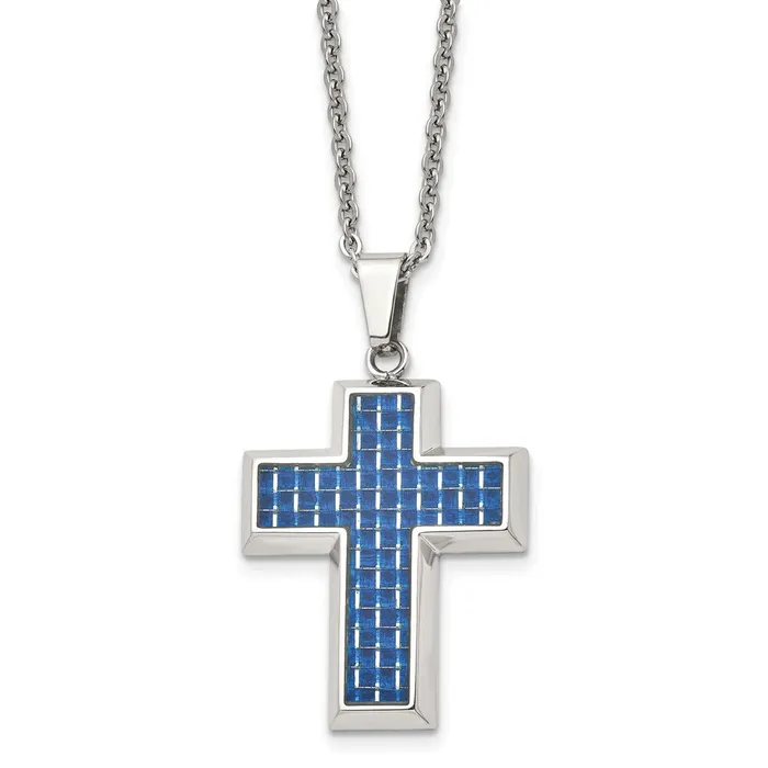 TreasureFineJewelers Necklaces Chisel Stainless Steel Polished with Blue Carbon Fiber Inlay Cross Pendant on a 22 inch Cable Chain Necklace TreasureFineJewelers Necklaces Chisel Stainless Steel Polished with Blue Carbon Fiber Inlay Cross Pendant on a 22 inch Cable Chain Necklace