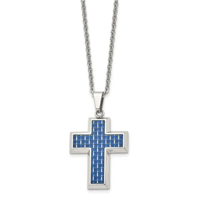 TreasureFineJewelers Necklaces Chisel Stainless Steel Polished with Blue Carbon Fiber Inlay Cross Pendant on a 22 inch Cable Chain Necklace