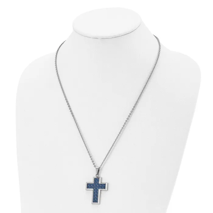 TreasureFineJewelers Necklaces Chisel Stainless Steel Polished with Blue Carbon Fiber Inlay Cross Pendant on a 22 inch Cable Chain Necklace