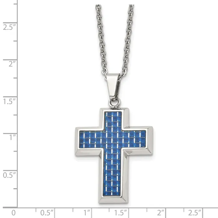 TreasureFineJewelers Necklaces Chisel Stainless Steel Polished with Blue Carbon Fiber Inlay Cross Pendant on a 22 inch Cable Chain Necklace