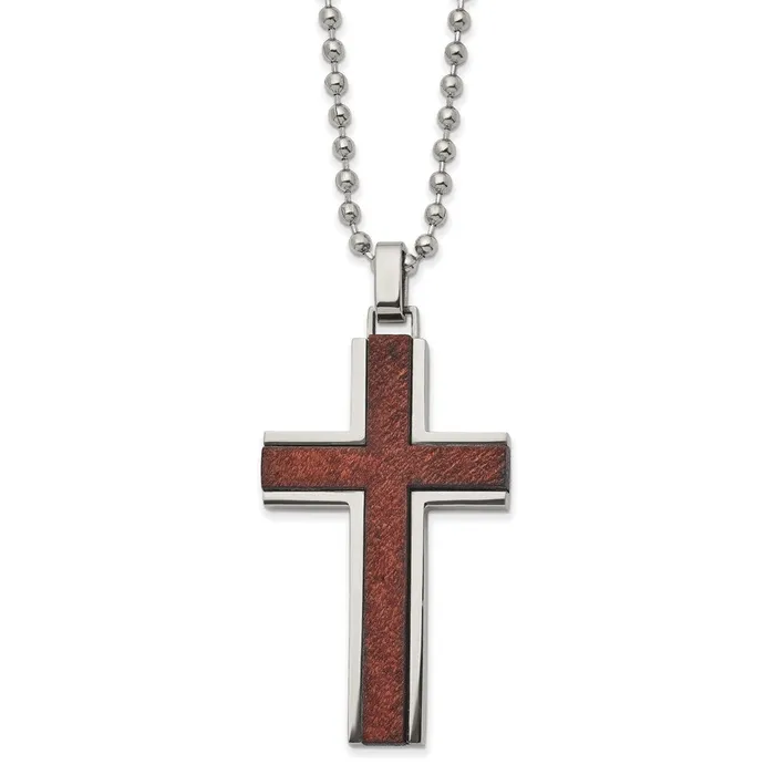 TreasureFineJewelers Necklaces Stainless Steel Polished with Wood Inlay Cross 22in Necklace TreasureFineJewelers Necklaces Stainless Steel Polished with Wood Inlay Cross 22in Necklace
