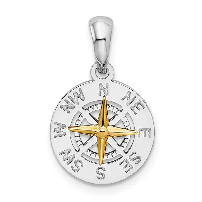 TreasureFineJewelers Necklaces Sterling Silver Polished Mini Compass w14k Needle Pendant TreasureFineJewelers Necklaces Sterling Silver Polished Mini Compass w14k Needle Pendant