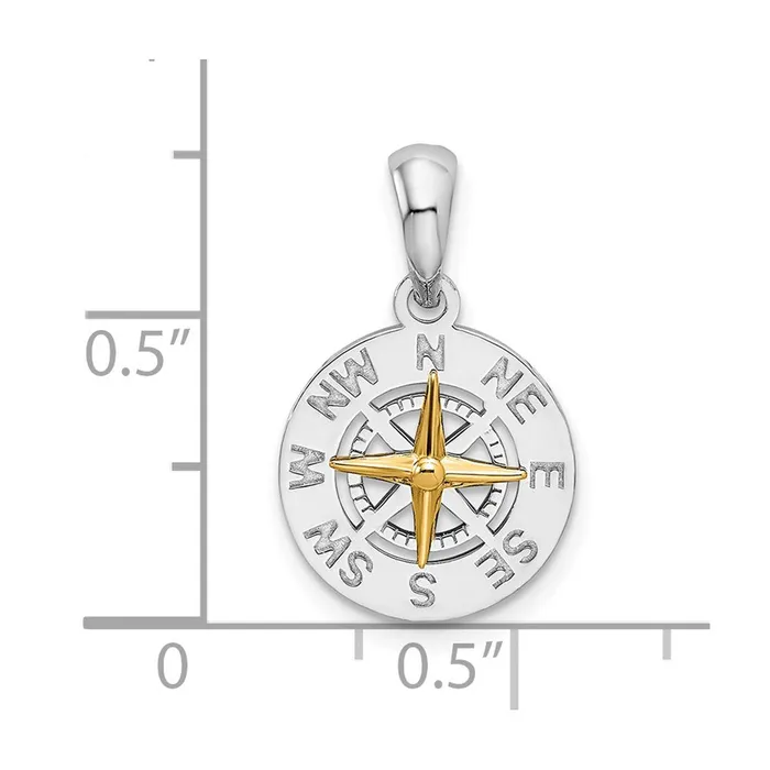 TreasureFineJewelers Necklaces Sterling Silver Polished Mini Compass w14k Needle Pendant