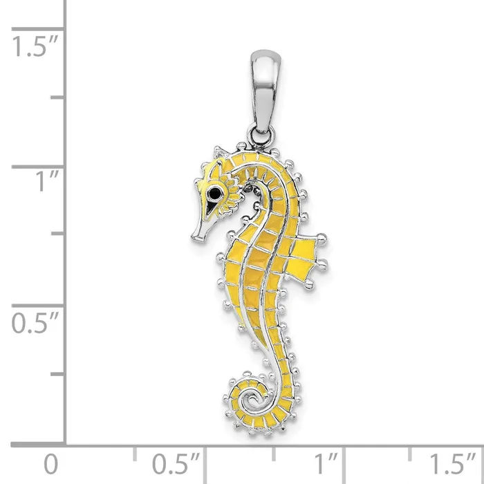 TreasureFineJewelers Sterling Silver Polished 3D Enameled Yellow Seahorse Pendant Necklaces