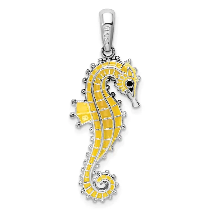 TreasureFineJewelers Sterling Silver Polished 3D Enameled Yellow Seahorse Pendant Necklaces