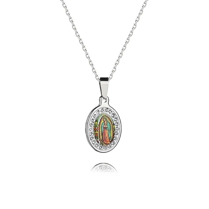 Trendolla Jewelry Necklaces Oval Diamond Colorful Virgin Mary Portrait Virgencita Necklace Trendolla Jewelry Necklaces Oval Diamond Colorful Virgin Mary Portrait Virgencita Necklace