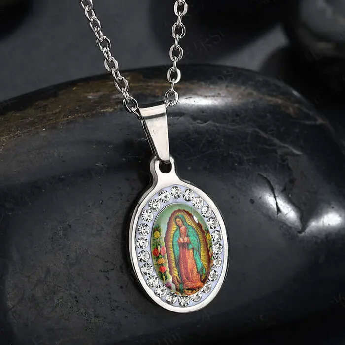 Trendolla Jewelry Necklaces Oval Diamond Colorful Virgin Mary Portrait Virgencita Necklace
