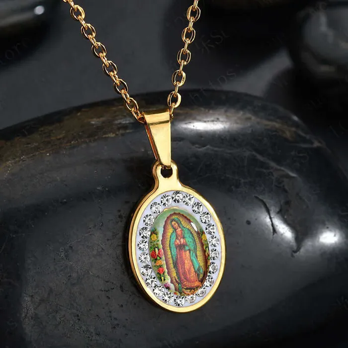 Trendolla Jewelry Necklaces Oval Diamond Colorful Virgin Mary Portrait Virgencita Necklace