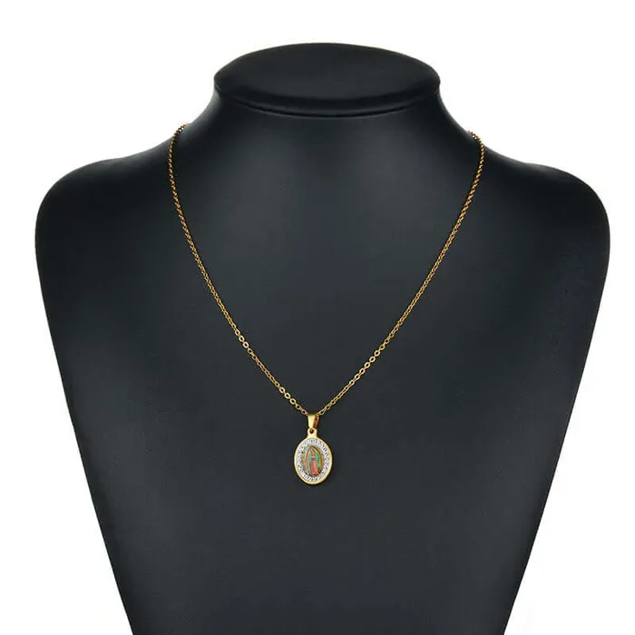 Trendolla Jewelry Necklaces Oval Diamond Colorful Virgin Mary Portrait Virgencita Necklace