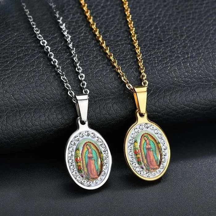 Trendolla Jewelry Necklaces Oval Diamond Colorful Virgin Mary Portrait Virgencita Necklace