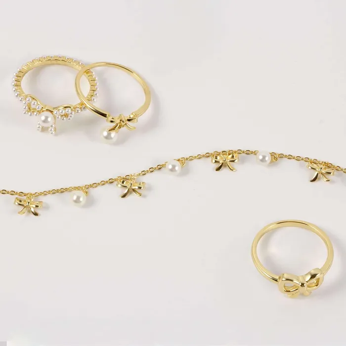 Trendolla Jewelry Rings Adorable Pearl Dangle Gold Bow Tie Ring