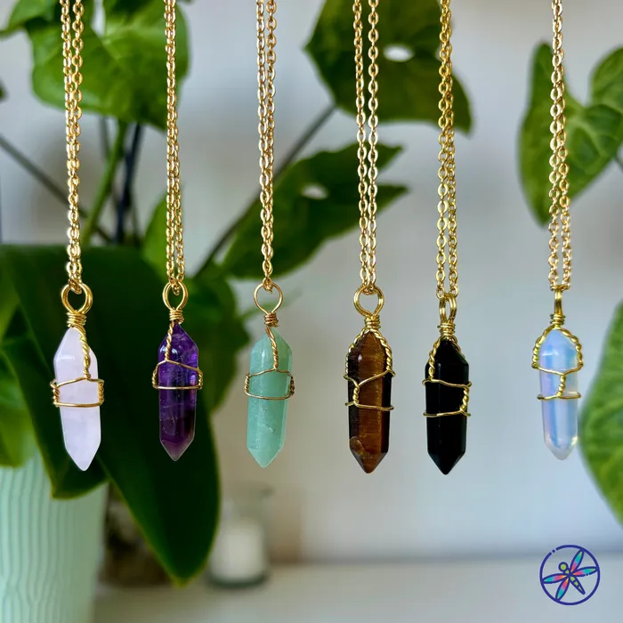 CSJA Necklaces Golden Glimmer Wire Wrapped Crystal Necklace