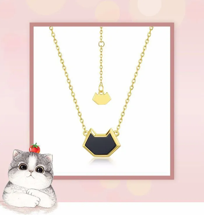 Cute cat natural black onyx pendant necklace solid 14k 18k yellow gold vintage unique Personalized owl pendant for daughter PENFINE Necklaces Cute cat natural black onyx pendant necklace solid 14k 18k yellow gold vintage unique Personalized owl pendant for daughter PENFINE Necklaces