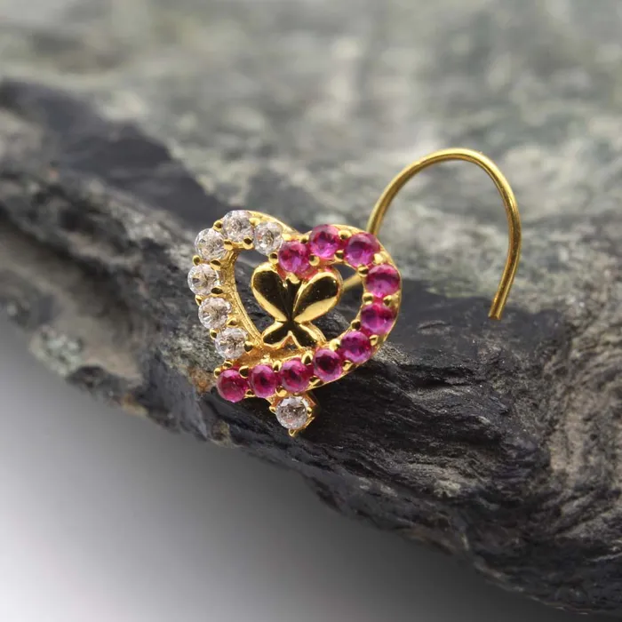 Earrings 14K Real Gold Pink White Cute Heart CZ Twisted Nose Stud 24g Karizma Jewels
