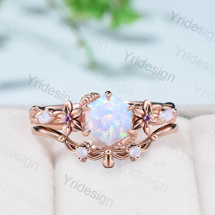 Flower white opal engagement ring set Nature Inspired hexagon fire opal amethyst wedding ring for women vintage cluster leaf bridal set PENFINE Rings