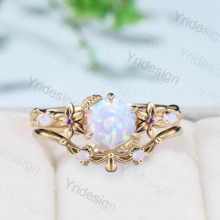 Flower white opal engagement ring set Nature Inspired hexagon fire opal amethyst wedding ring for women vintage cluster leaf bridal set PENFINE Rings