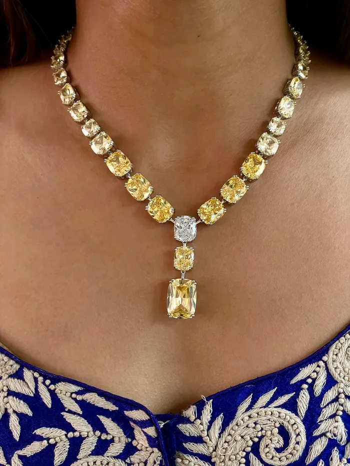 Maharani Citrine Square Drop Diamonte Statement Necklace Citrine Tennis Necklace Set PRERTO ECOMMERCE PRIVATE LIMITED Necklaces