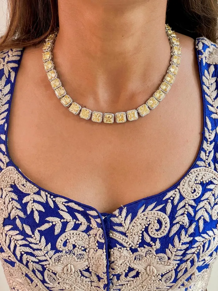 Maharani Citrine Square Drop Diamonte Statement Necklace Citrine Tennis Necklace Set PRERTO ECOMMERCE PRIVATE LIMITED Necklaces