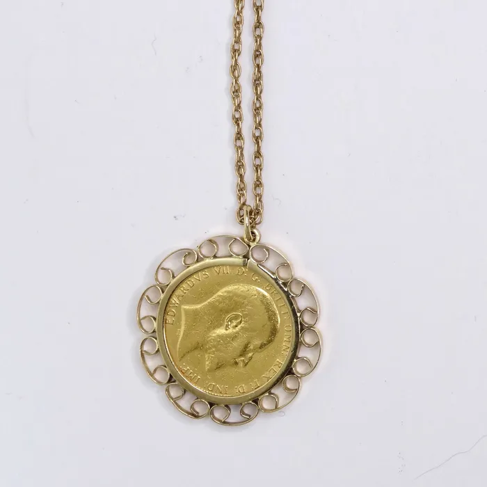 Necklaces Coin Solid Gold King Edward Vll Necklace Vintage by Misty