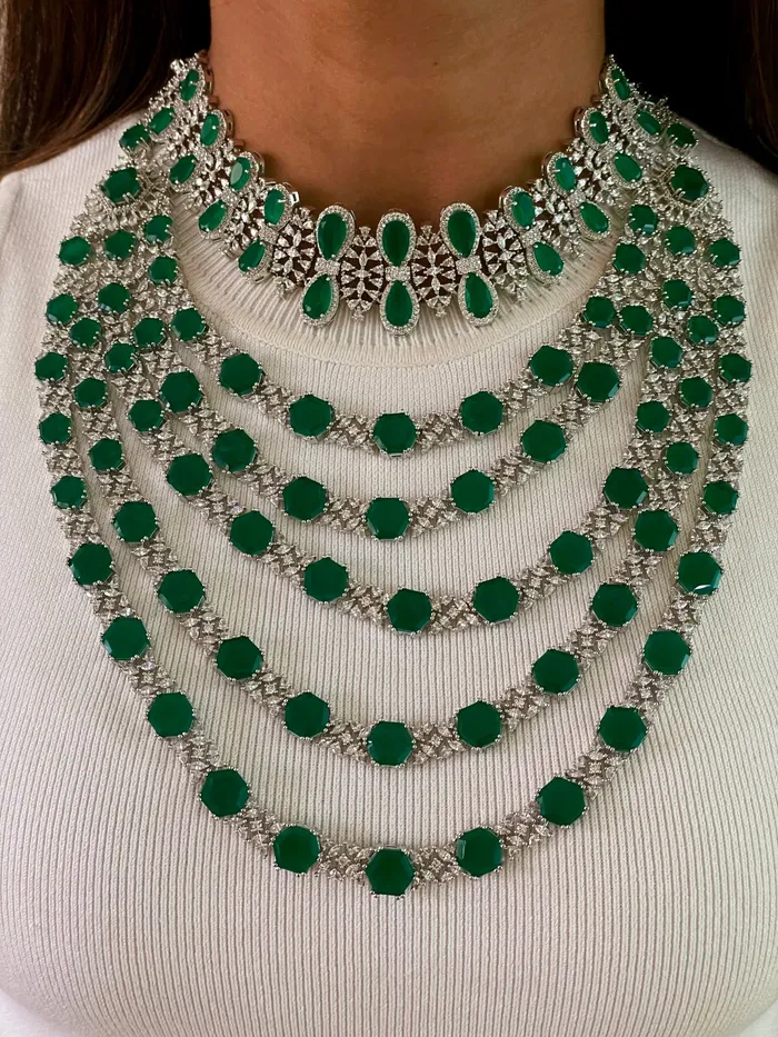 Necklaces PRERTO ECOMMERCE PRIVATE LIMITED Maharani 5 Layer Hexagon Set Oval Dimonte Dual Emerald Drops Necklace Set Necklace Earrings Necklaces PRERTO ECOMMERCE PRIVATE LIMITED Maharani 5 Layer Hexagon Set Oval Dimonte Dual Emerald Drops Necklace Set Necklace Earrings