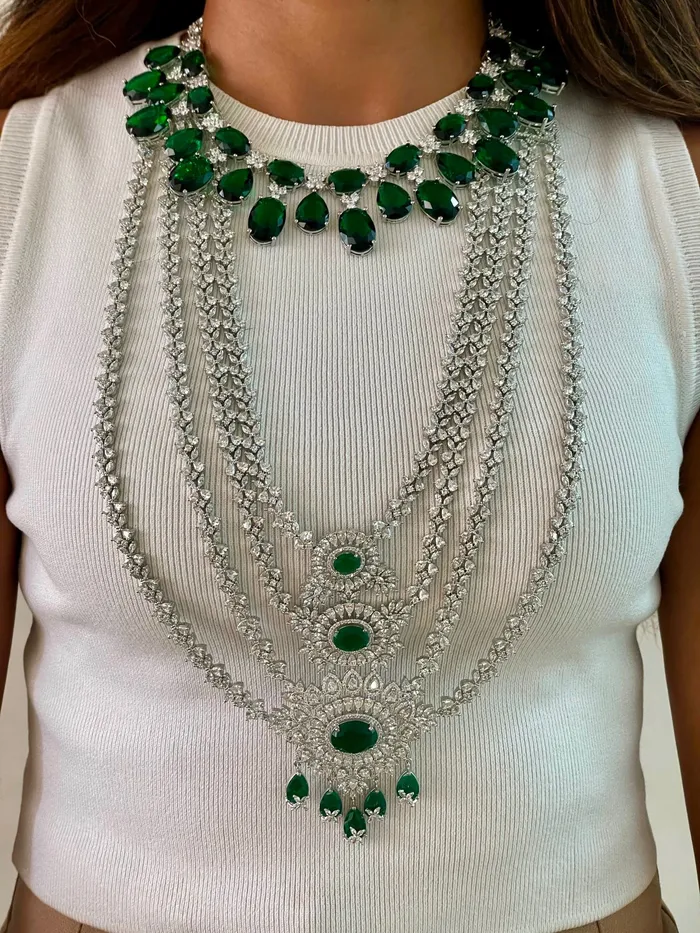 Necklaces PRERTO ECOMMERCE PRIVATE LIMITED Maharani Beline Statement 4 Layer Emerald Drop Necklace Set Earrings Necklace Necklaces PRERTO ECOMMERCE PRIVATE LIMITED Maharani Beline Statement 4 Layer Emerald Drop Necklace Set Earrings Necklace