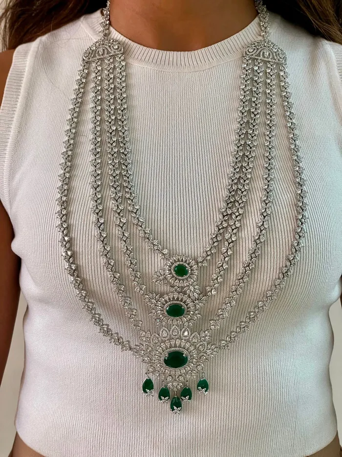 Necklaces PRERTO ECOMMERCE PRIVATE LIMITED Maharani Beline Statement 4 Layer Emerald Drop Necklace Set Earrings Necklace