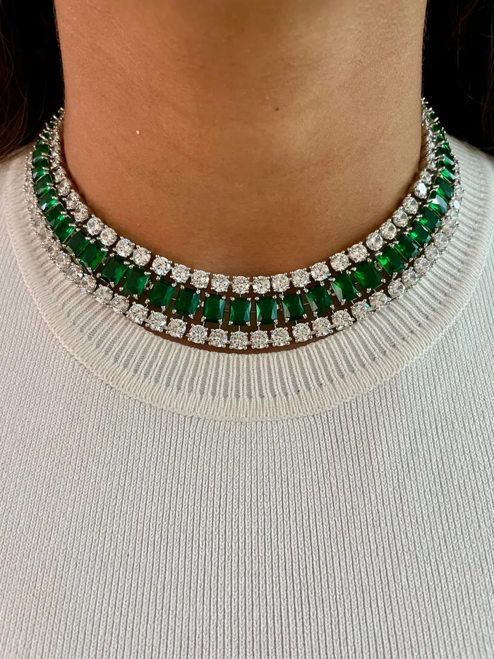 Necklaces PRERTO ECOMMERCE PRIVATE LIMITED Maharani Cushion Baguette Dimonte 2 2 Layer Necklace Set