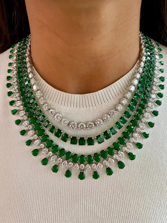 Necklaces PRERTO ECOMMERCE PRIVATE LIMITED Maharani Cushion Baguette Dimonte 2 2 Layer Necklace Set