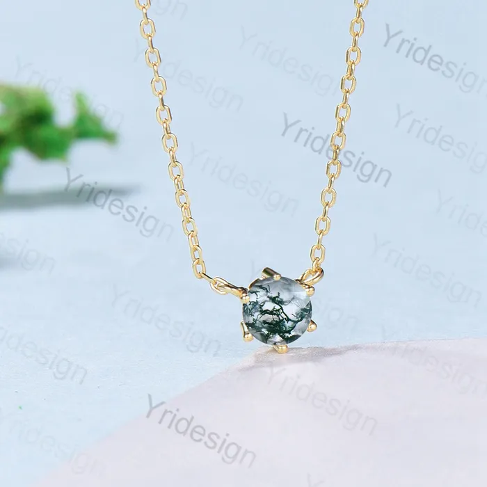 PENFINE Dainty 5mm round moss agate pendant necklace 16ch solid rose gold green agate necklace Minimalist silver pendant handmade engagement Gift Necklaces