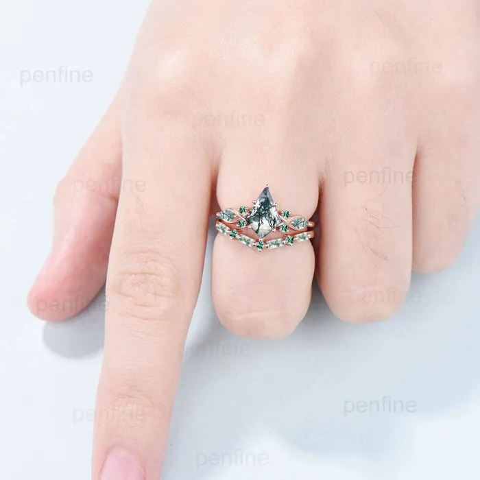 PENFINE Rings Vintage 15 Carat Kite Cut Moss Agate Engagement Ring Set Unique 14k Rose Gold Natural Green Marquise Agate Wedding Ring Set Ring for Women