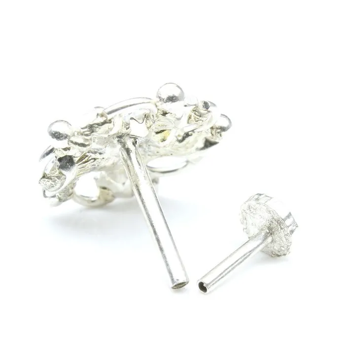 Rings Cute Floral 925 Sterling Silver White CZ Studded Nose ring Push Pin Karizma Jewels