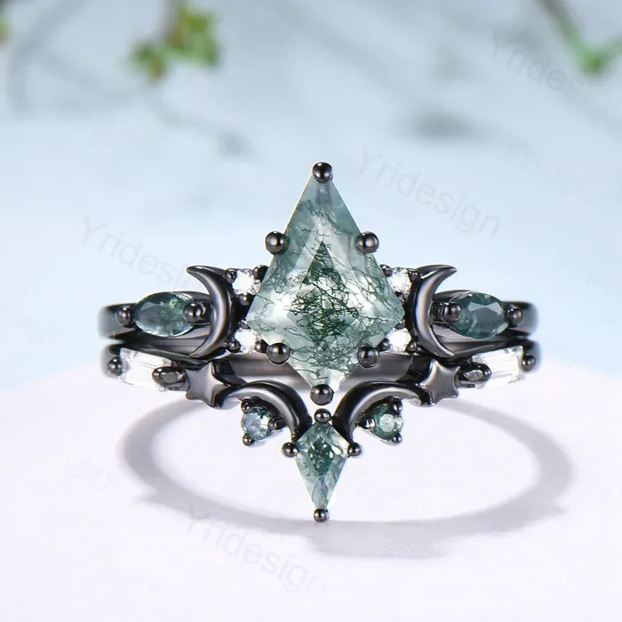 Rings PENFINE Black gold kite cut moss agate ring Unique crescent moon star engagement ring art deco delicate bridal wedding set handmade anniversary gift